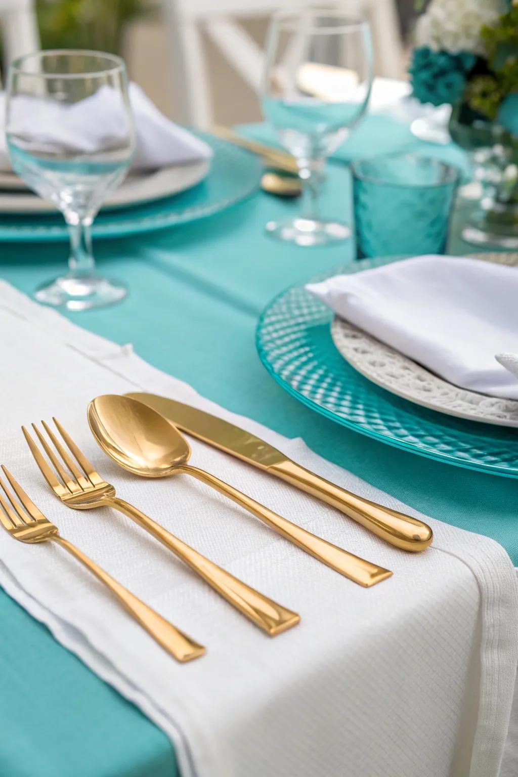 Golden flatware offers a luxurious touch to the aqua theme.