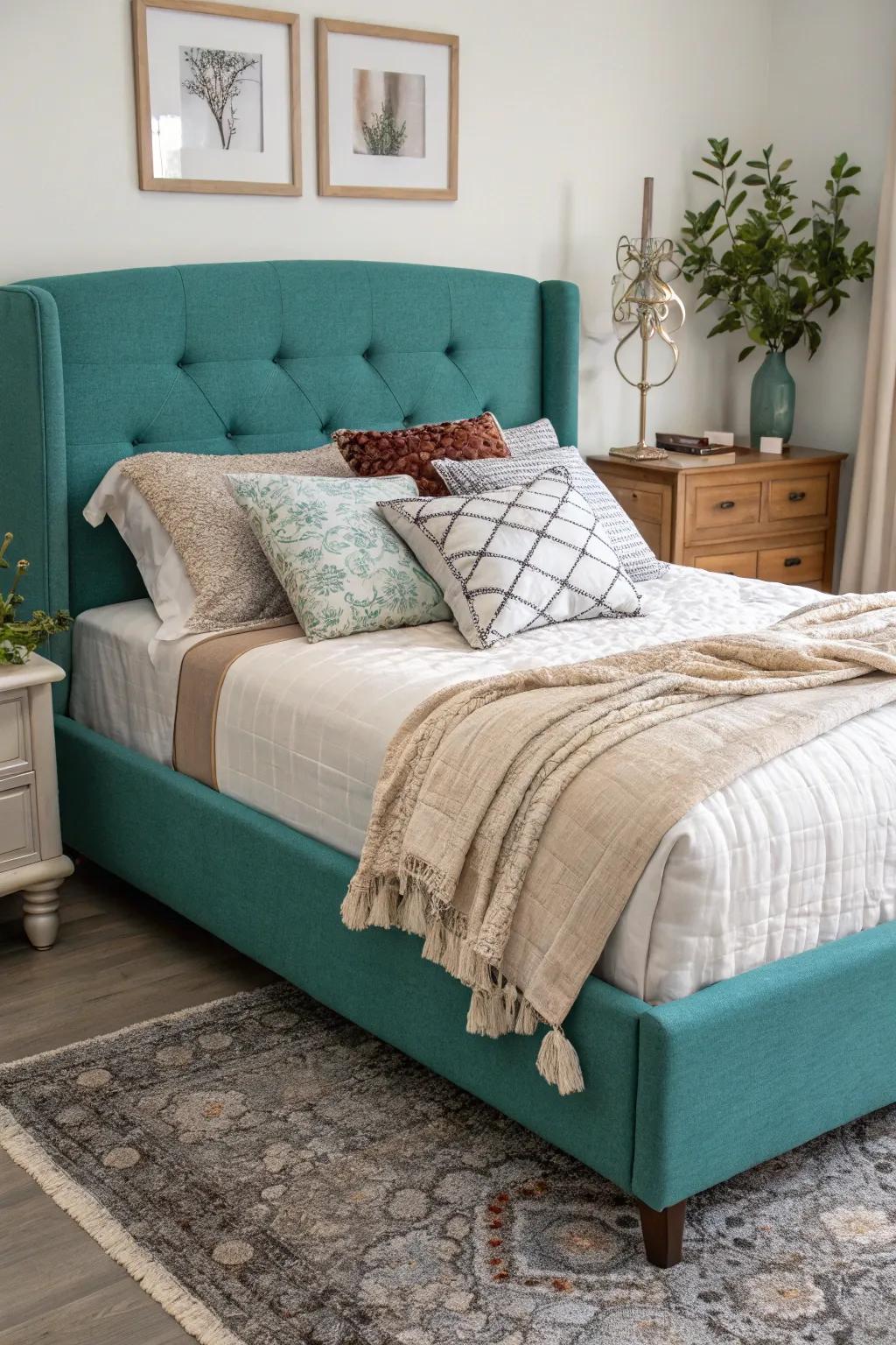 A teal fabric bed as an eye-catching piece.