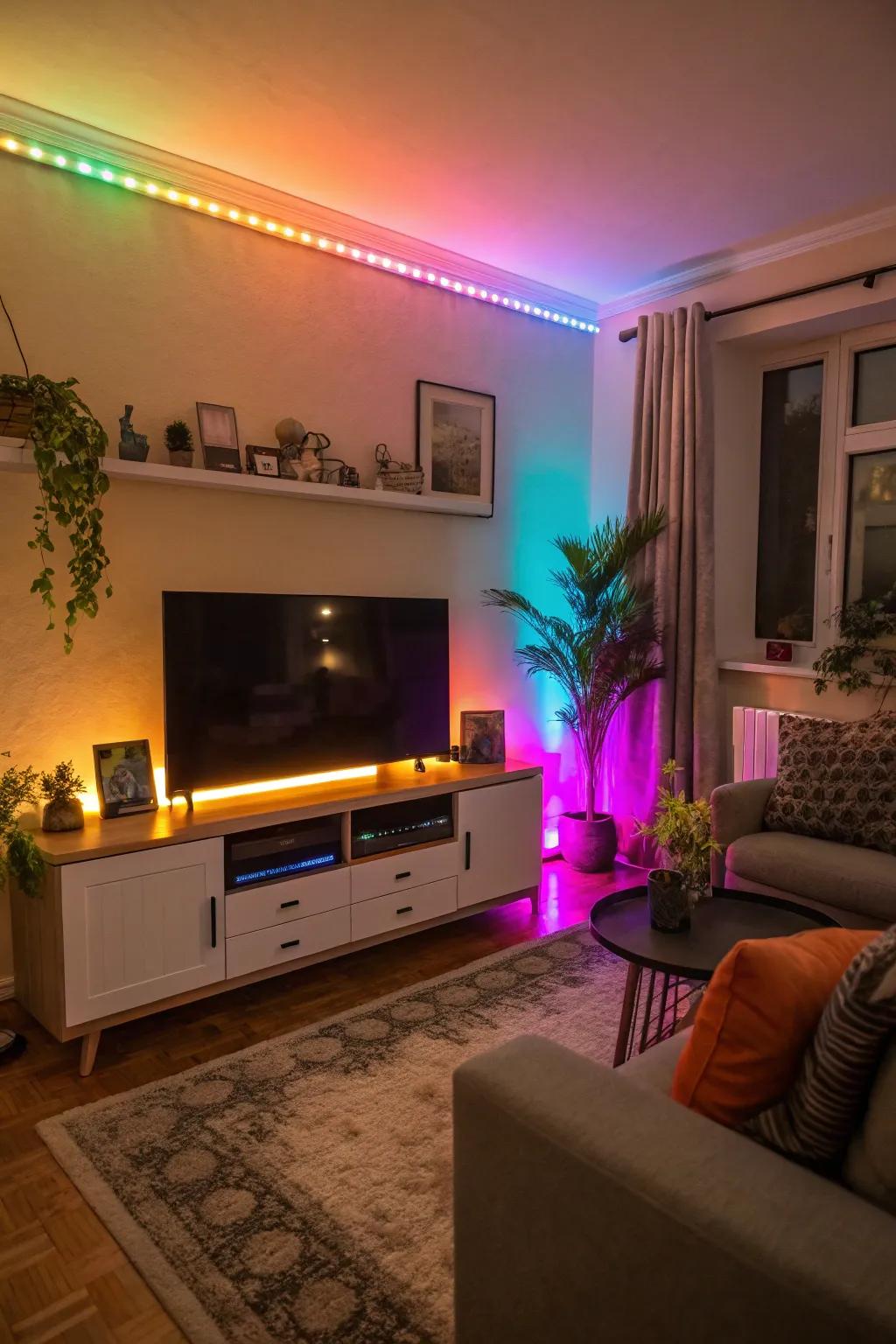 A TV wall amplified by vibrant LED accent lighting.