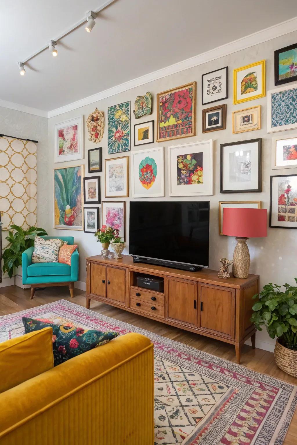Maximalist flair on a vibrant TV gallery wall.