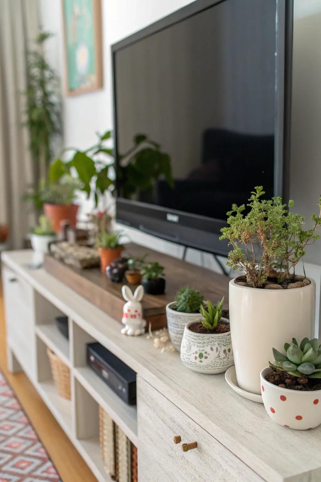 Greenery and ornaments add warmth and personality to your TV stand.