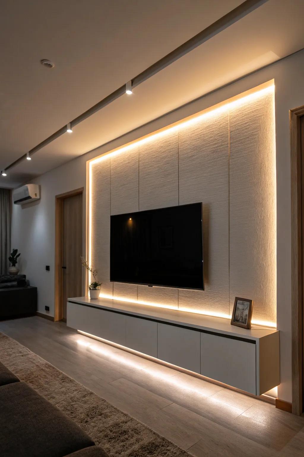 LED lighting adds a hint of drama and sophistication to TV walls.
