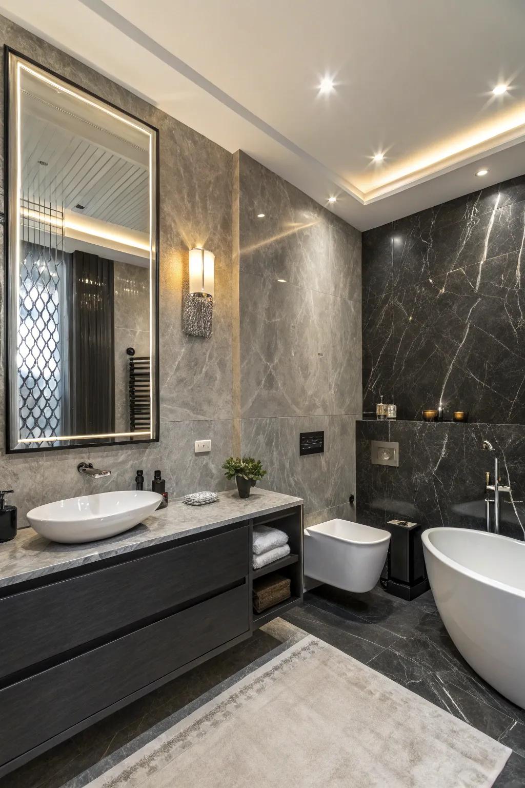 A chic charcoal and silver two-tone wall design that gives off modern refinement.