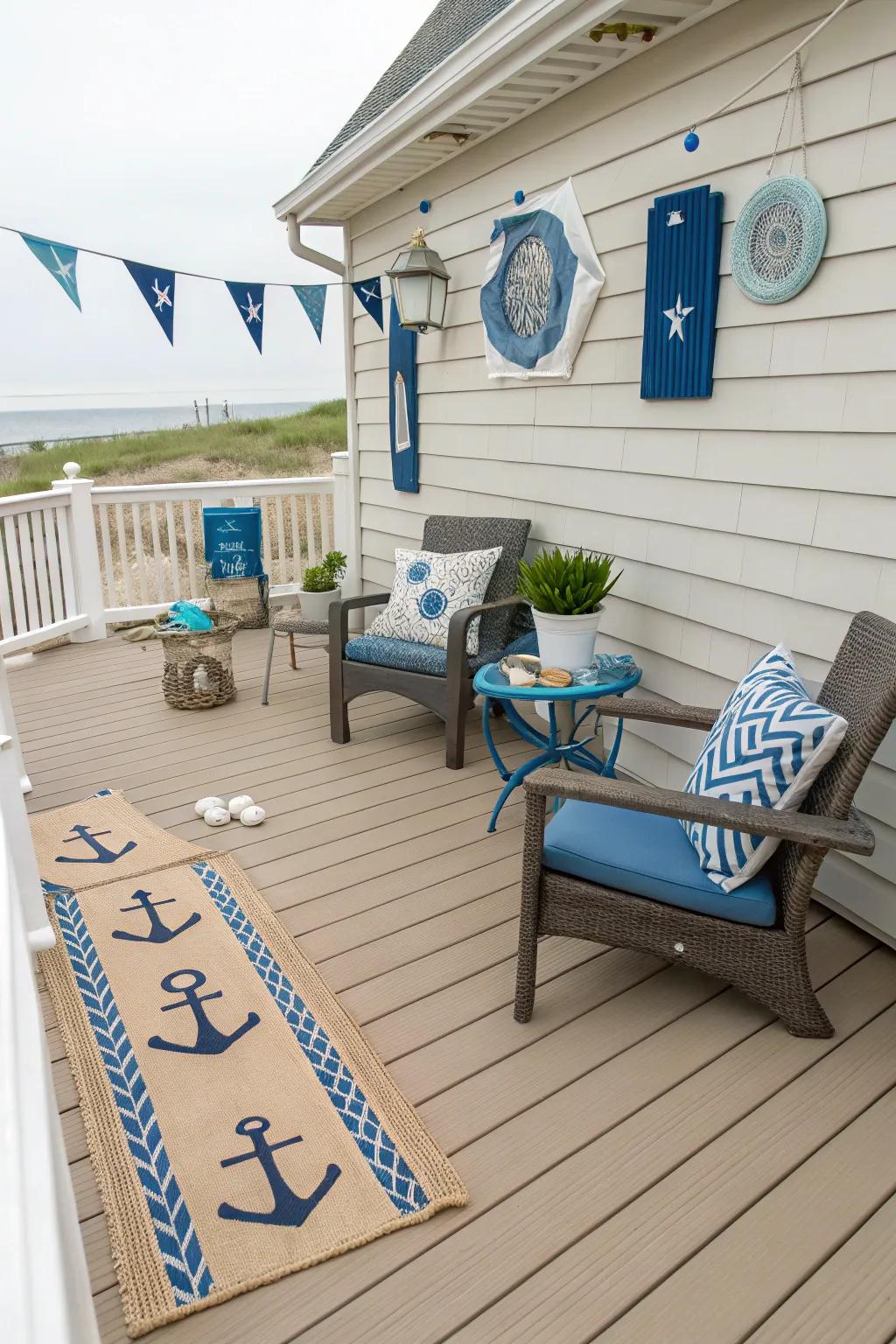 Natural sand and deep blue bring a hint of coastal charm to your deck.