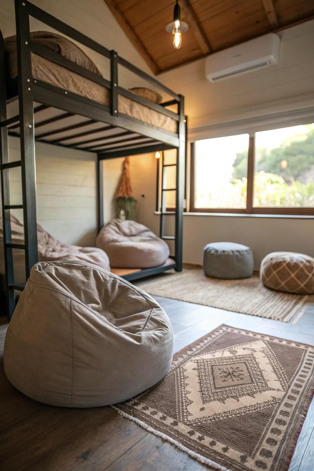 A comfy chill-out zone beneath the bunk bed.