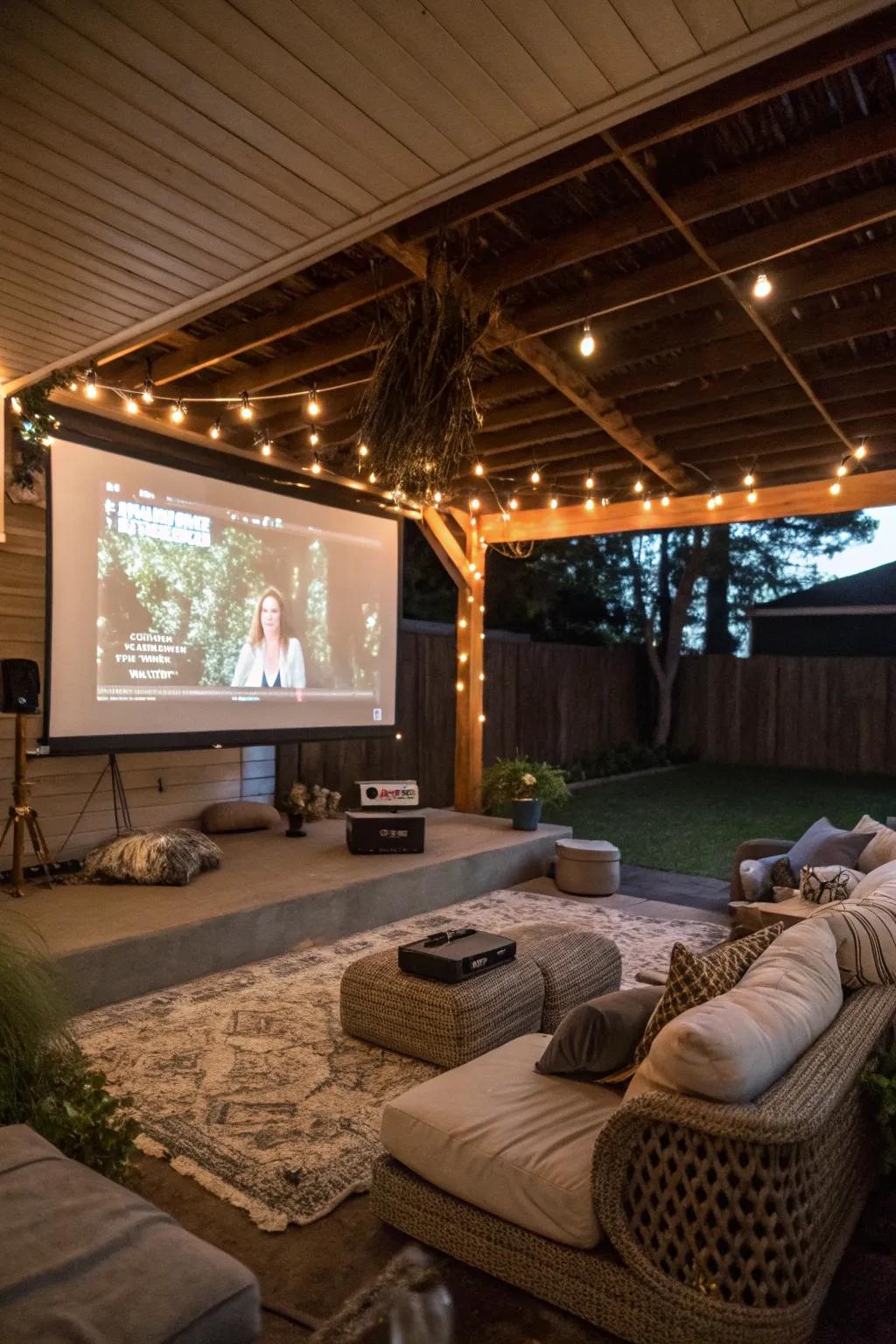 An alluring outdoor cinema beneath the deck, exemplary for cinematic nights.