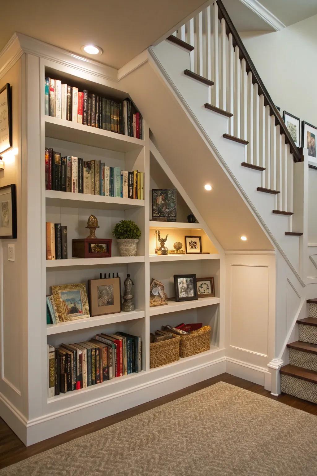 Useful and fashionable fitted bookshelves beneath the staircase.