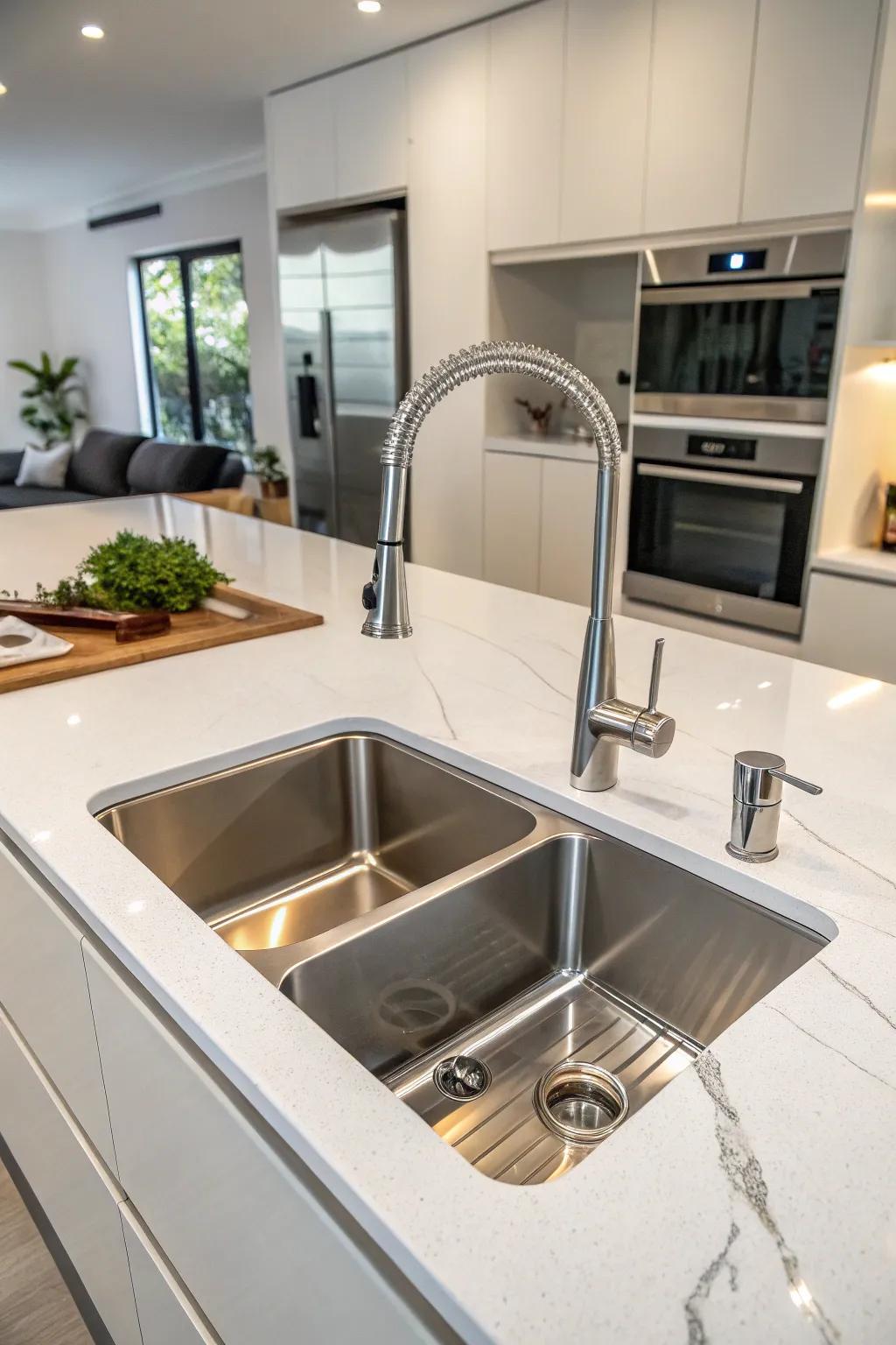 A double basin undermount sink enabling adaptability within a contemporary kitchen.