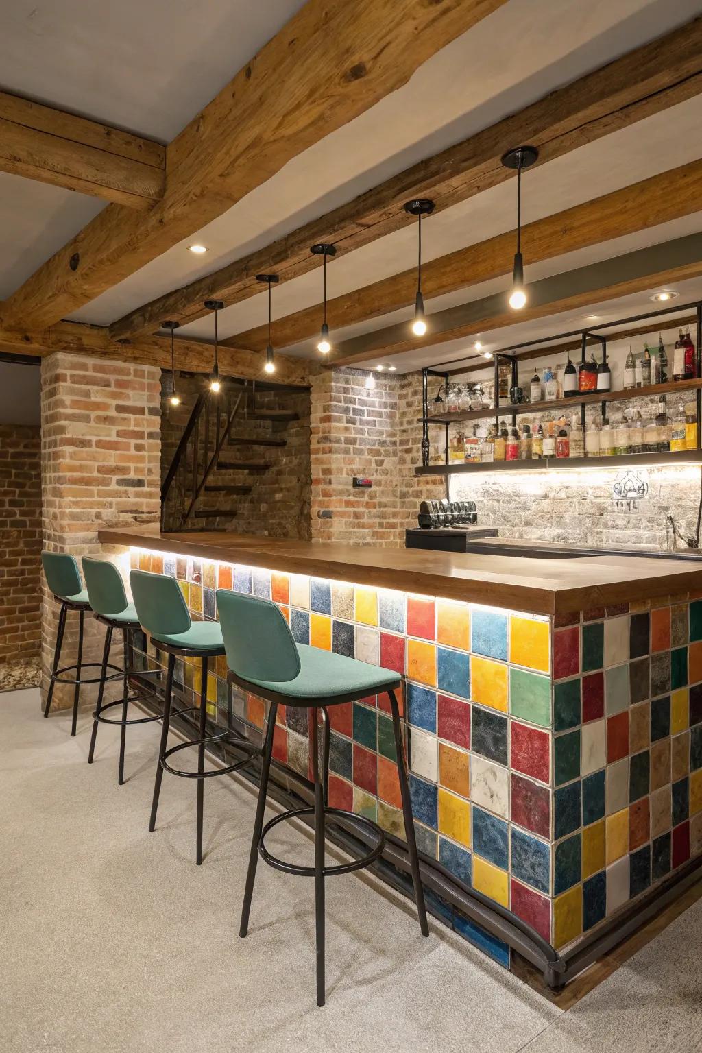 An eye-catching backsplash contributes character to the pub.