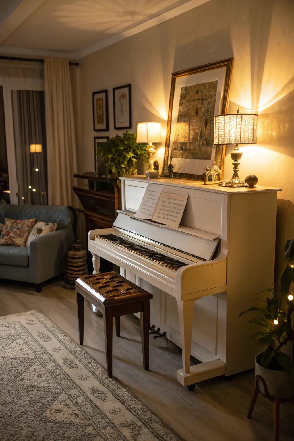 A living room presenting an upright piano brilliantly lit by stylish lighting solutions.