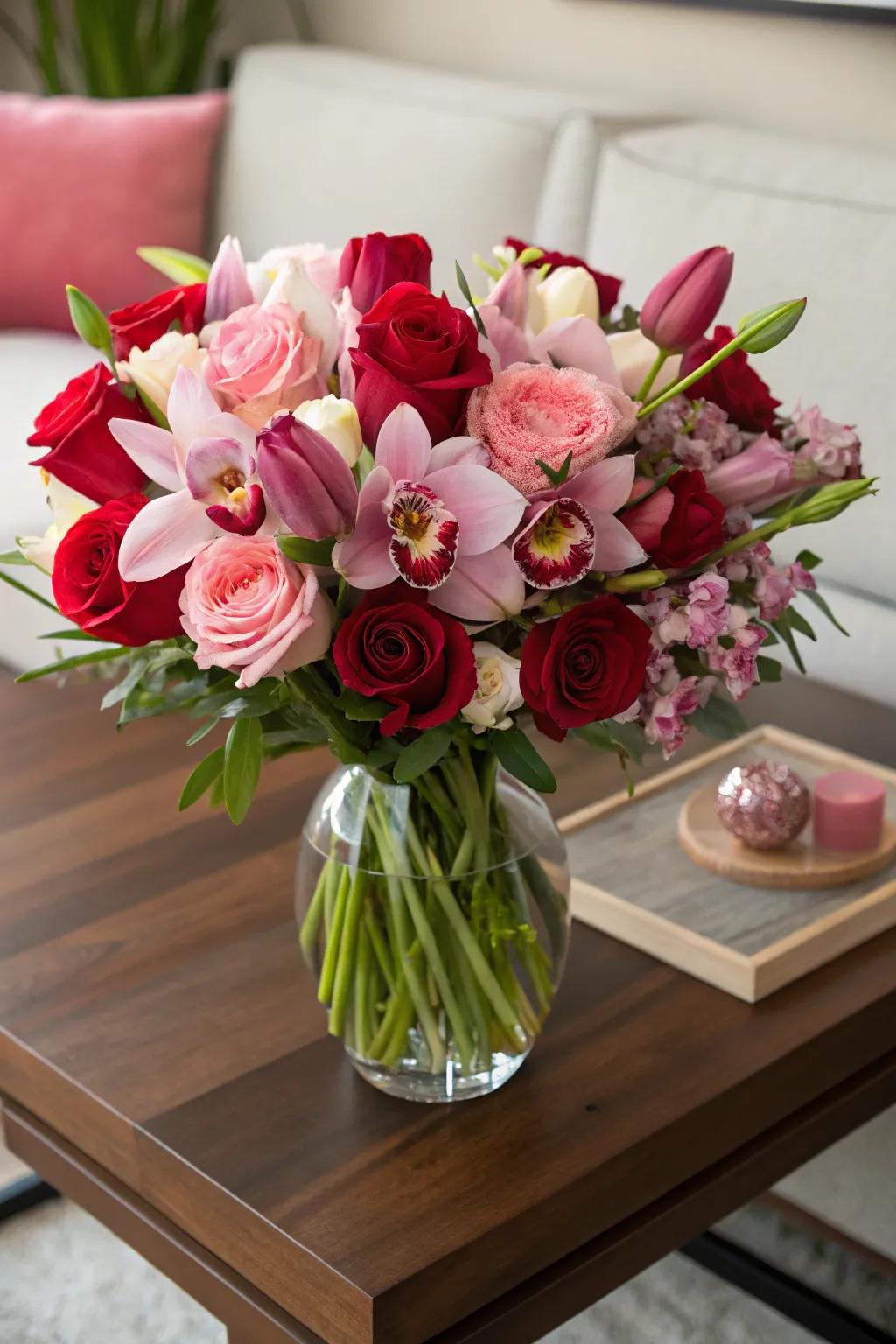 Bouquet showing roses, tulips, and orchids.