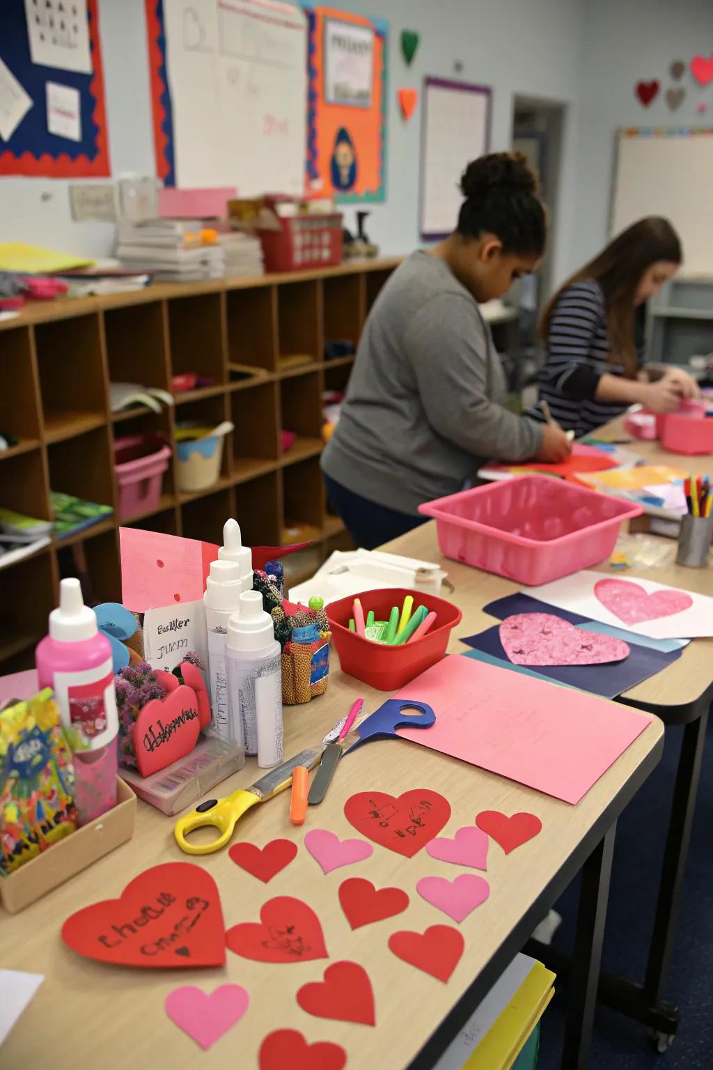 A creative space where students make their unique Valentine&rsquo;s decorations.