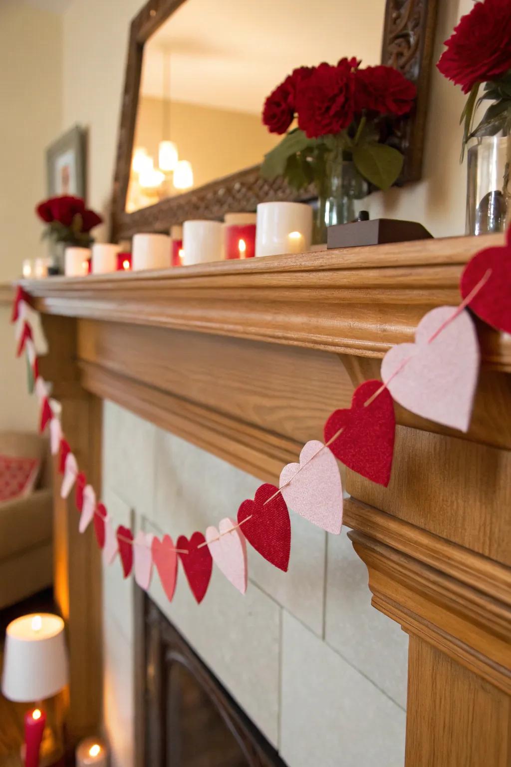 A festive heart ring injects playfulness into the mantel.