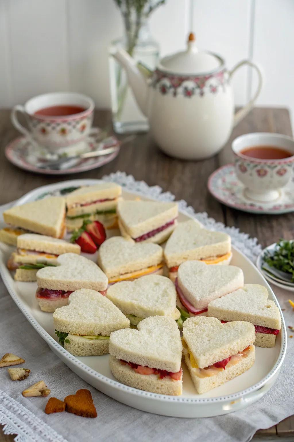 Heart-formed bread slices with assorted fillings for a celebratory tea celebration.