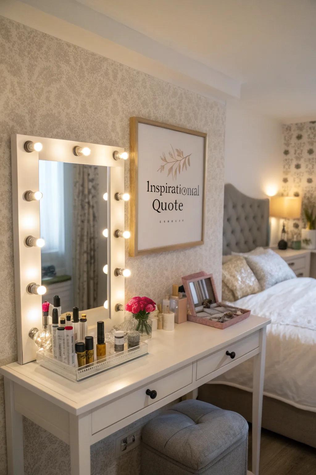 Uplifting wall decor personalizes your vanity.
