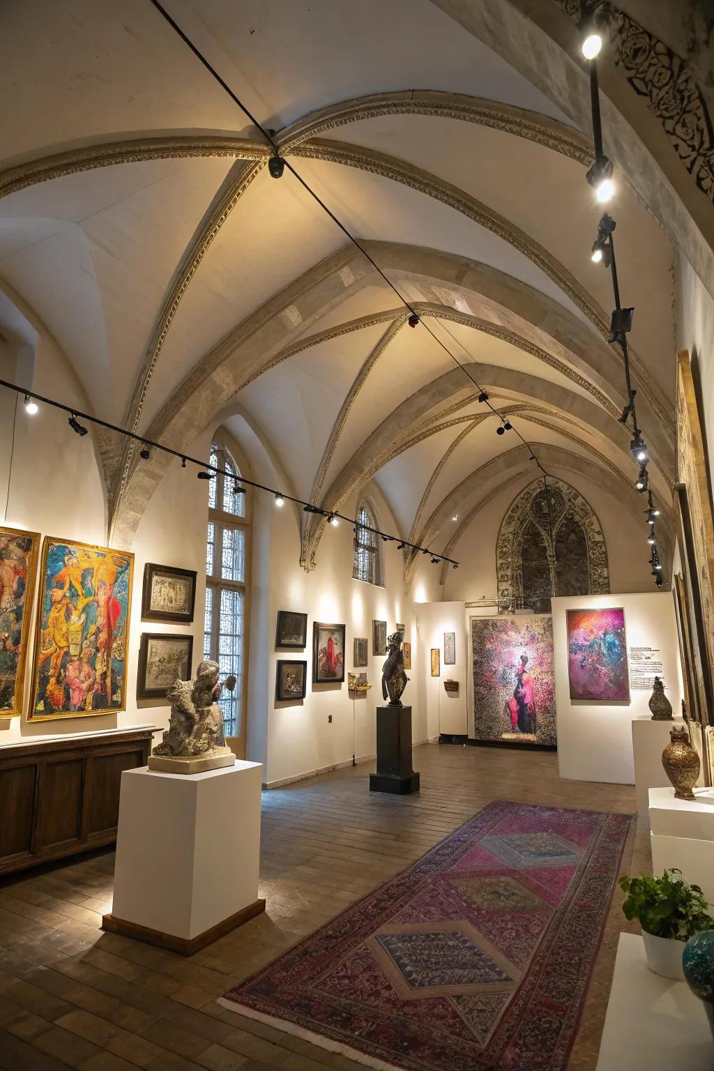 Accent lighting emphasizes artwork and structural elements.