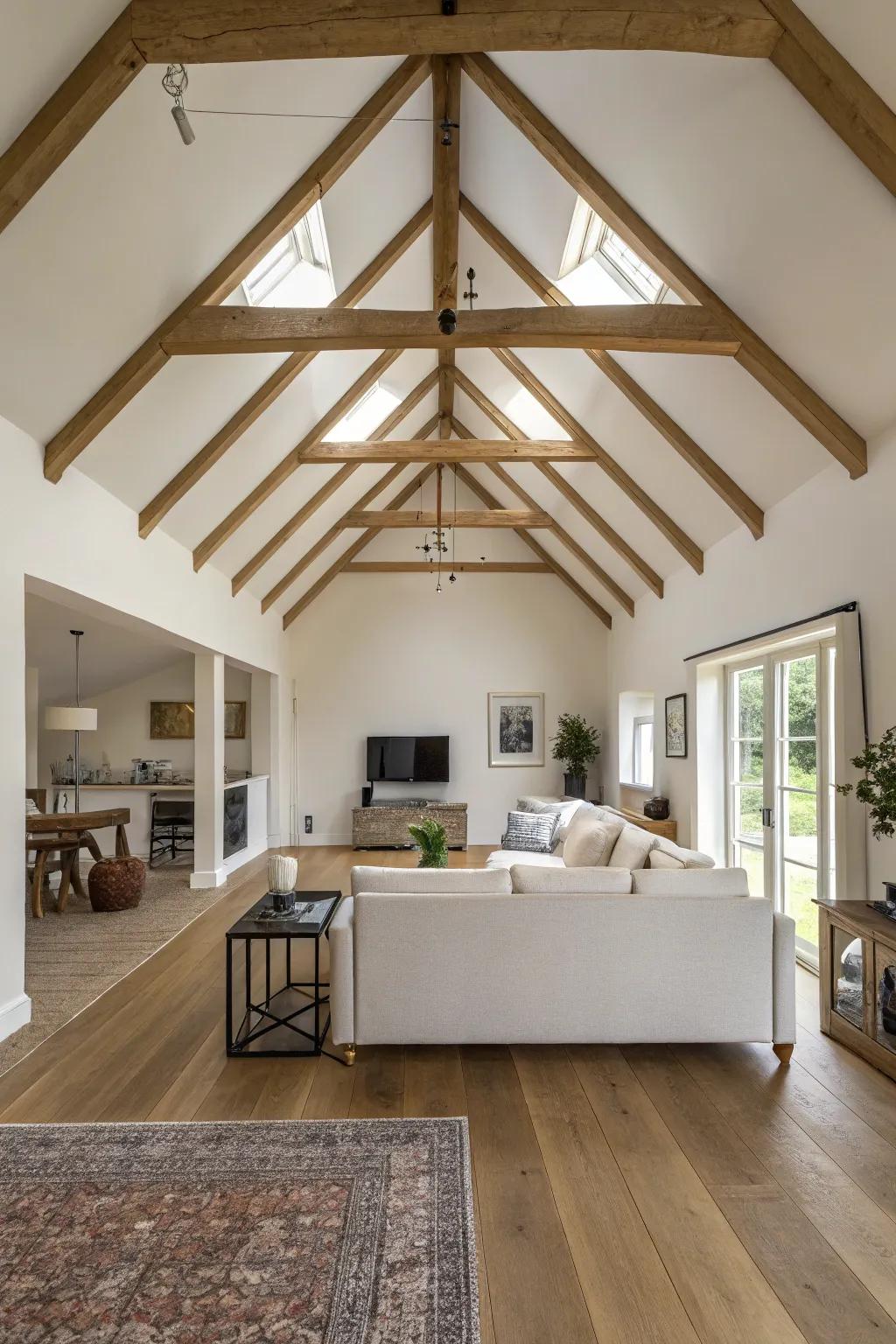 Contemporary subtlety attained through streamlined beams on a vaulted ceiling.