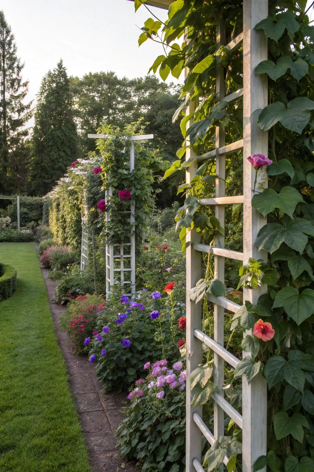 Trellises introduce vertical appeal and efficiency to a vegetable garden.