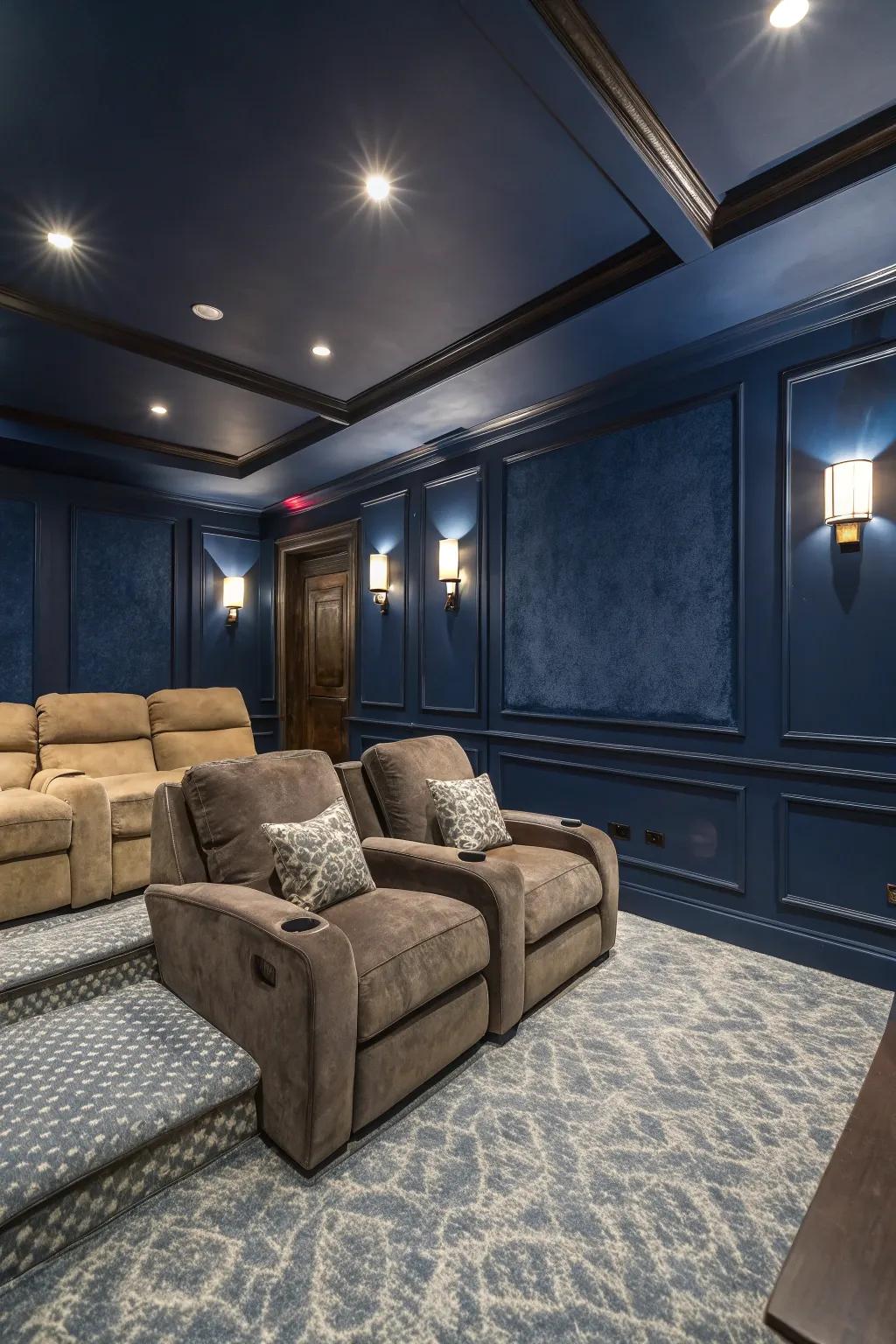 Set a cinematic mood with deep plaster walls.