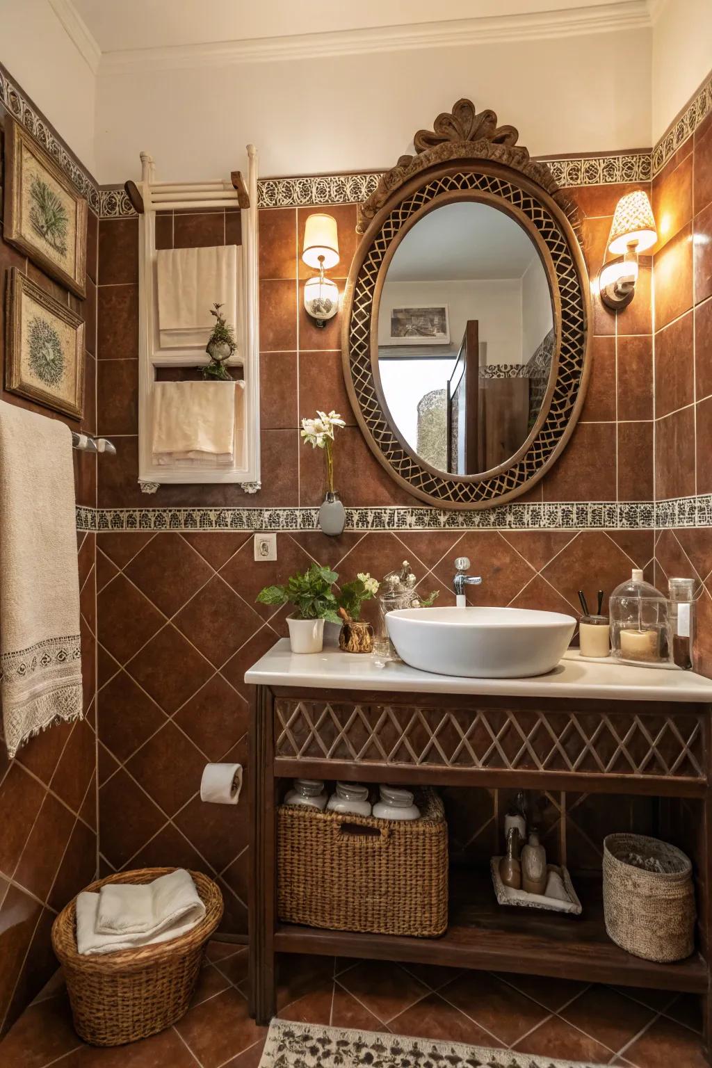 Classic decor enhances the vintage charm of brown tiles.