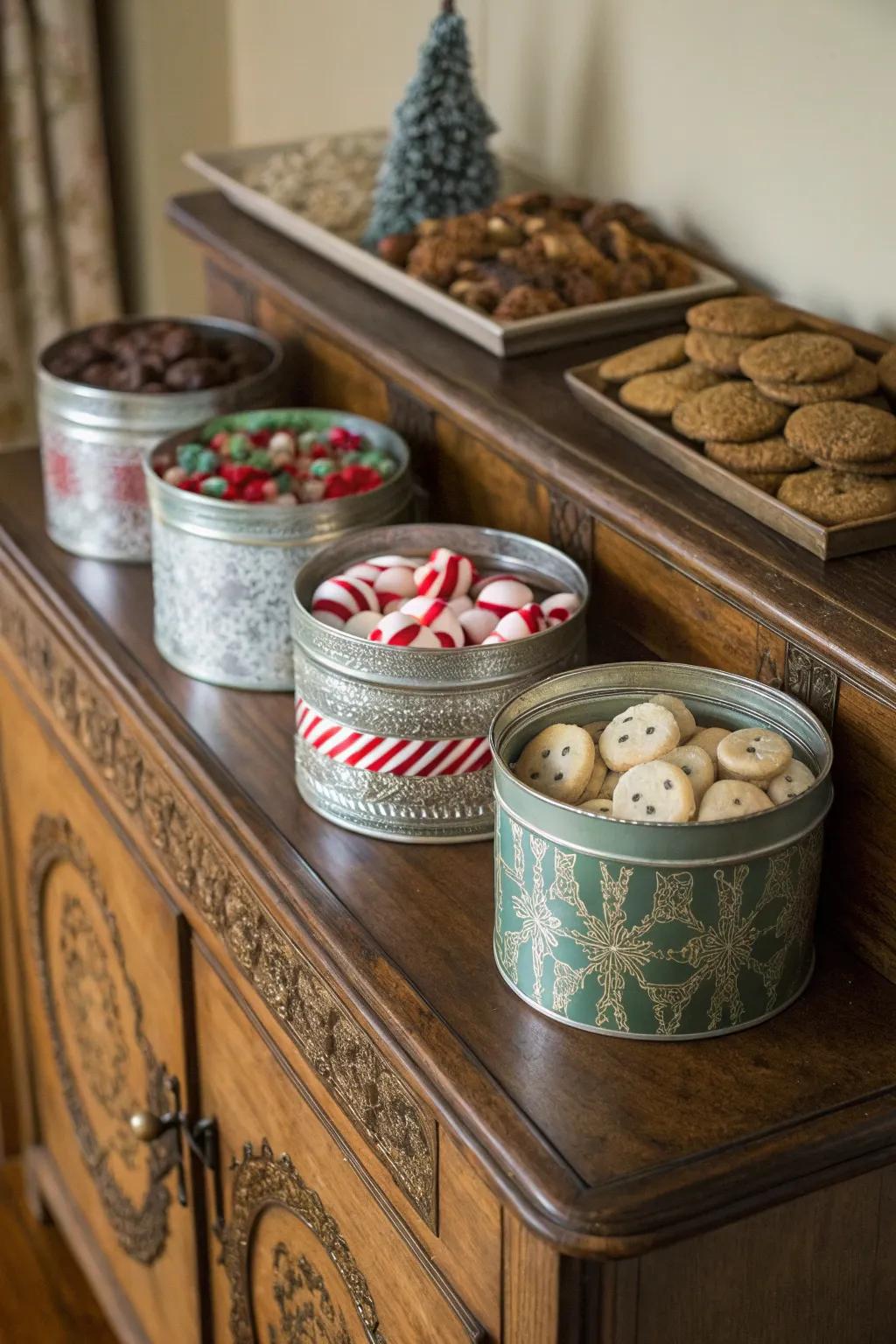 Charming tin receptacles compose impeccable festive token holders.