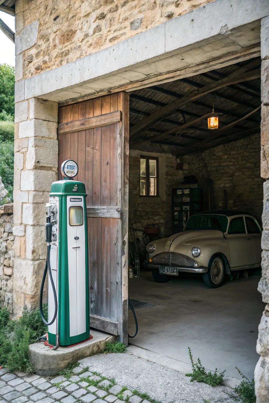An old fuel dispenser acts as a striking, nostalgic centerpiece.