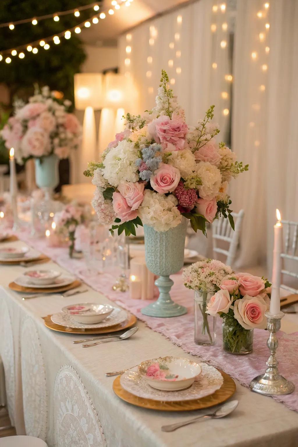 Sophisticated pastel floral centerpieces bringing charm to the celebration.