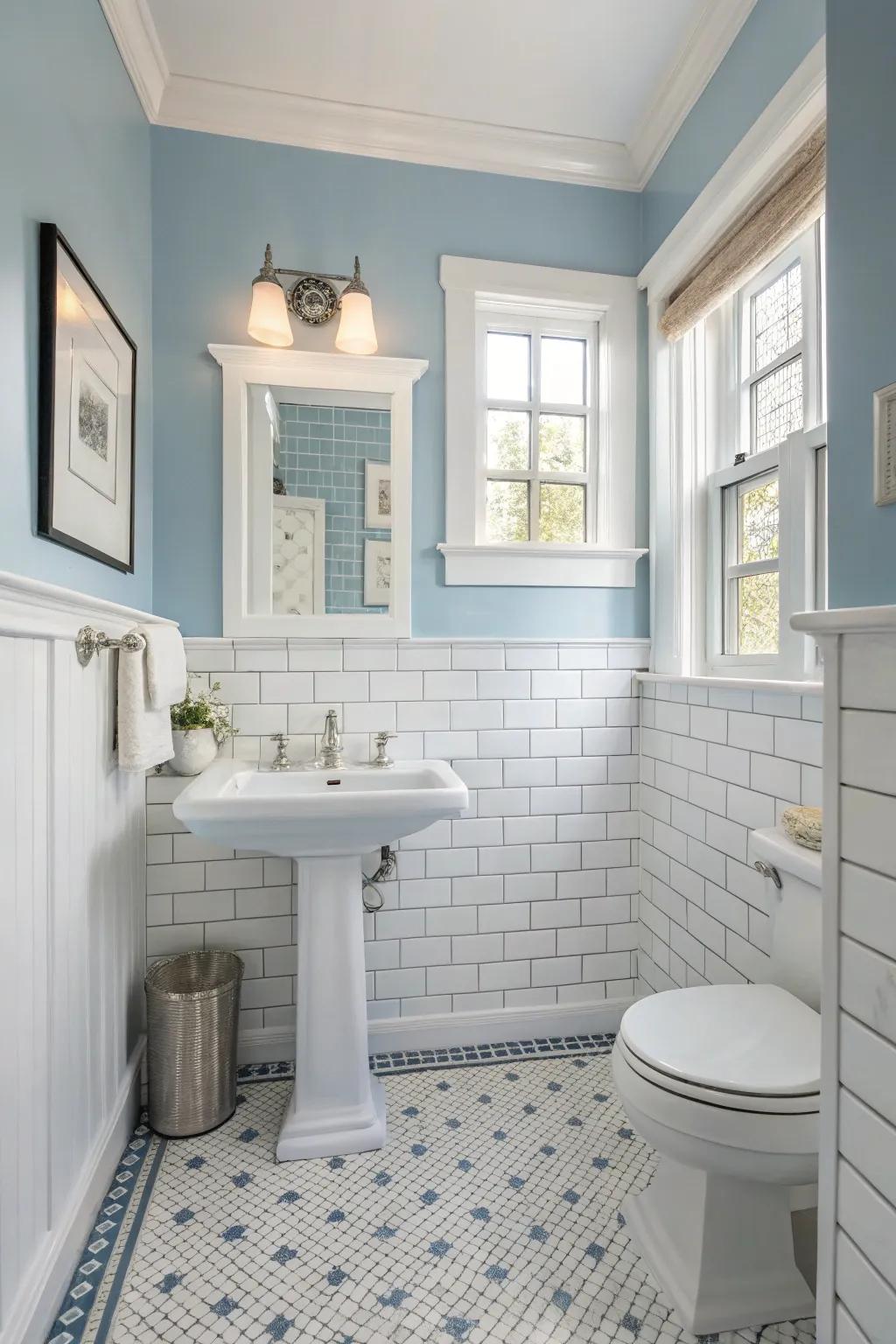 Light-blue paneling provides a calming touch to powder areas.