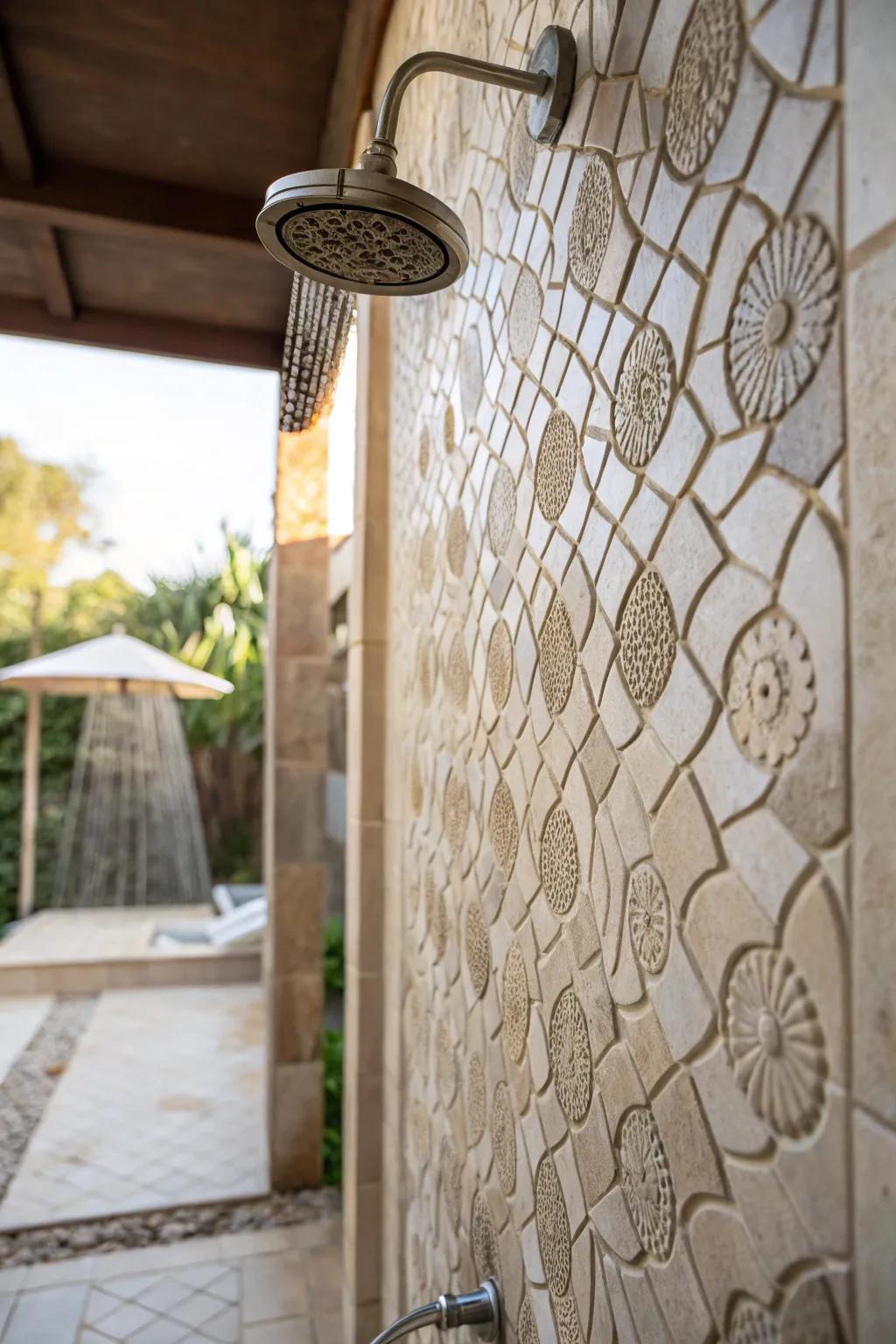 Shower showcasing textured tiling and natural lighting.