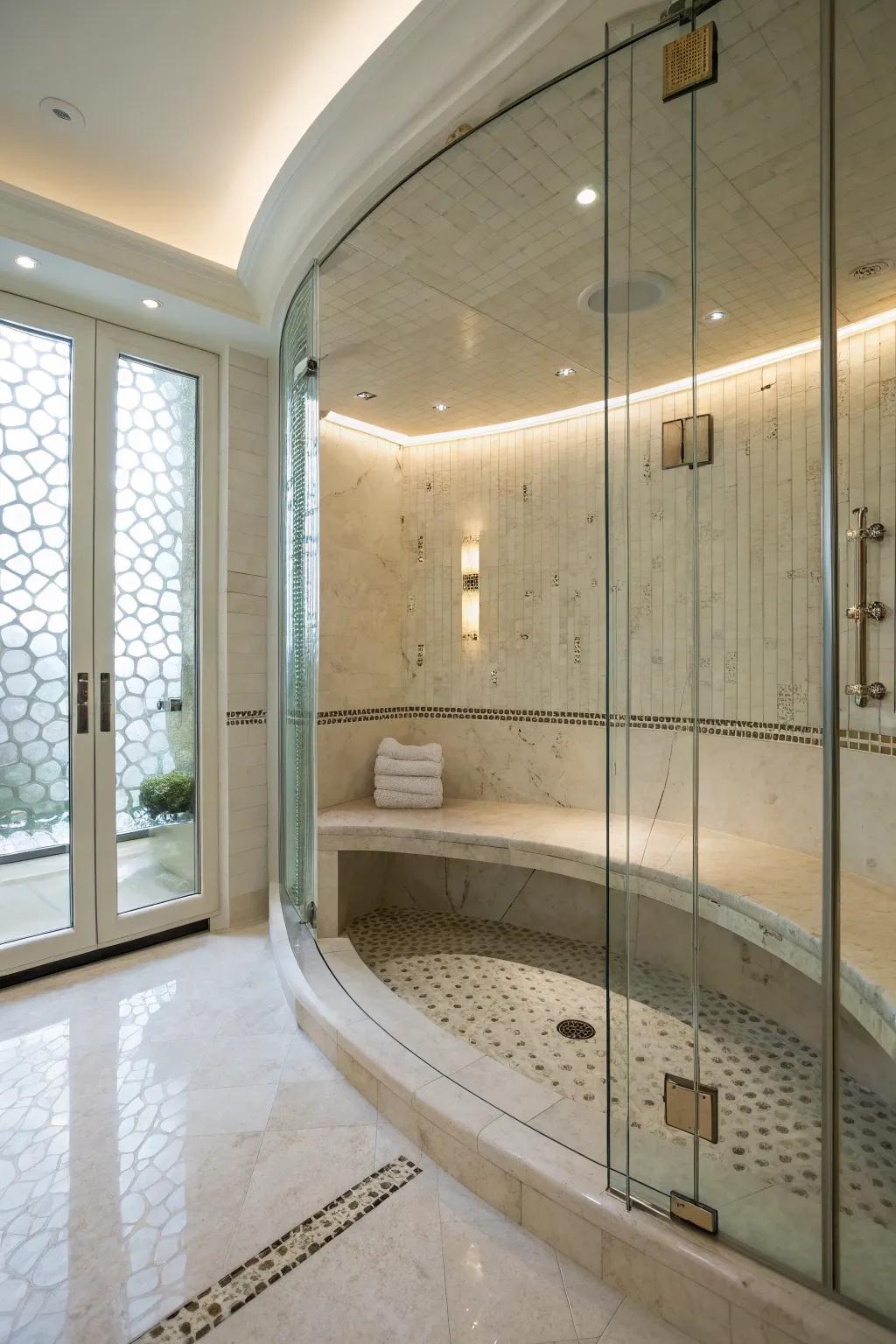 A curved bench gives the shower a graceful and elegant touch.