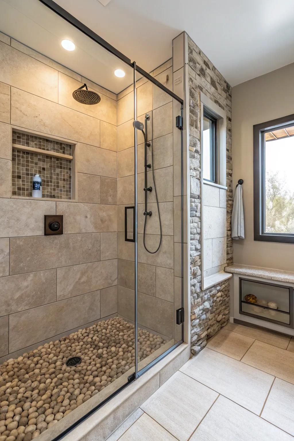 Blending materials injects character and depth into your shower.