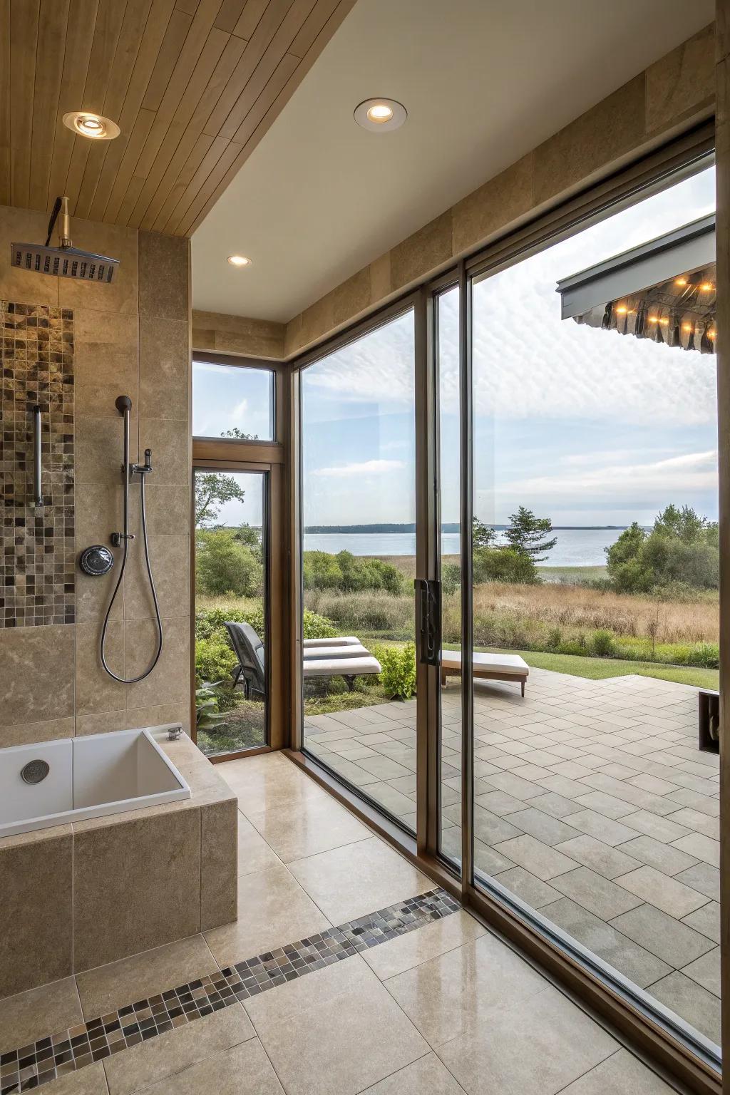 Full-length windows in a walk-in shower, delivering a magnificent, all-encompassing bathing experience.
