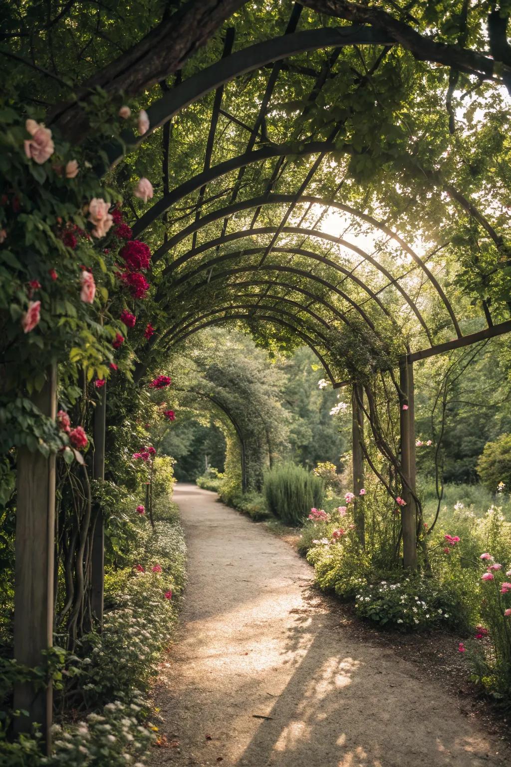 Branch trellis arches deliver a whimsical, storybook sensation to garden routes.