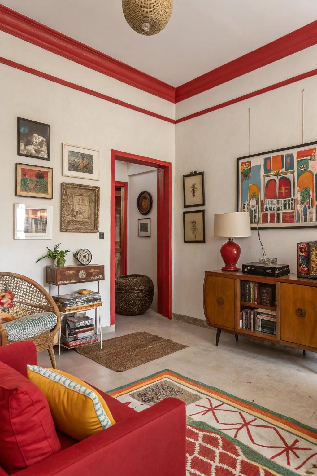 Energetic and vibrant, featuring subdued walls and daring red trim.