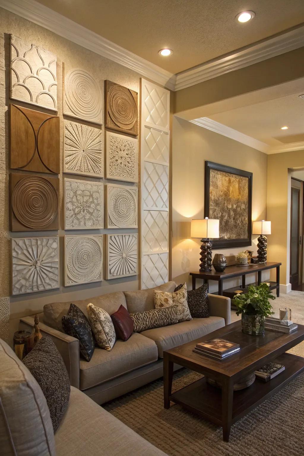 Living room featuring tactile wall art, enhancing depth.
