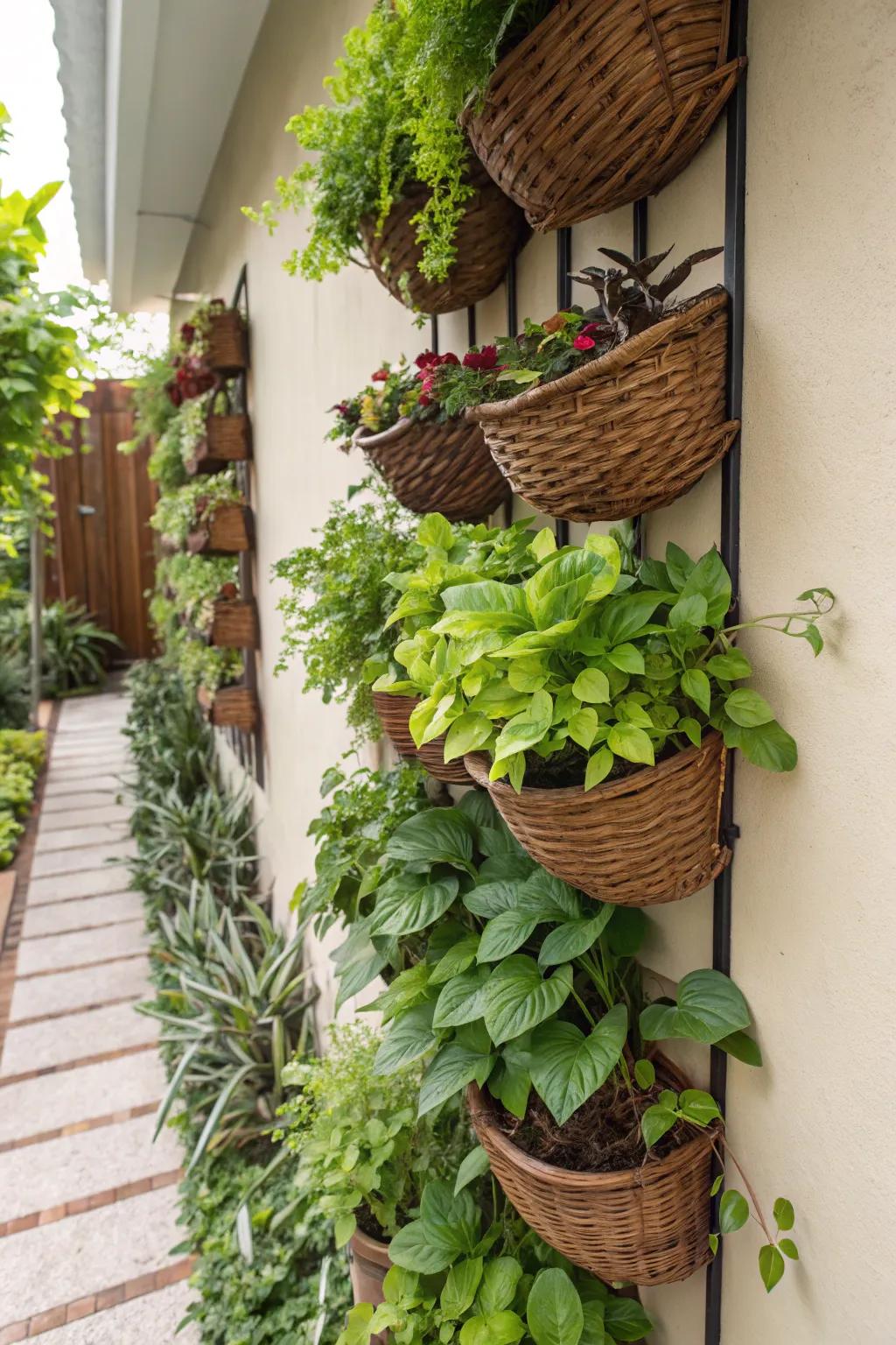 Baskets as plant holders bring greenery and vitality to your decoration.