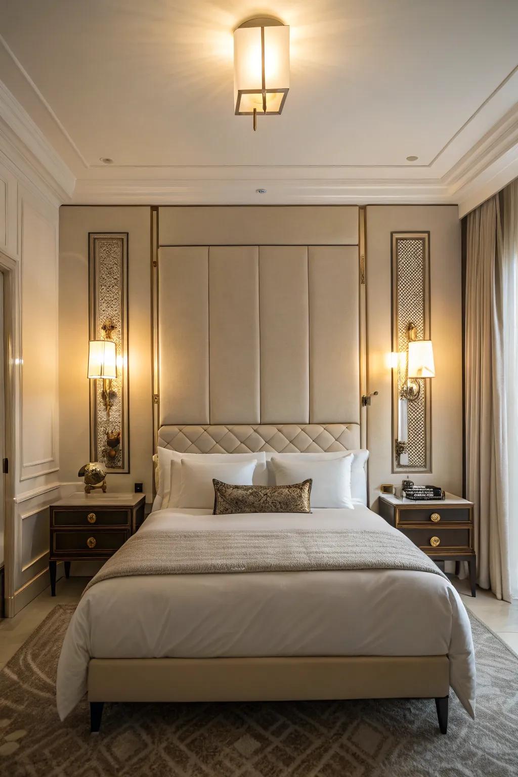 Wall sconces provide both style and function to the sleeping space.