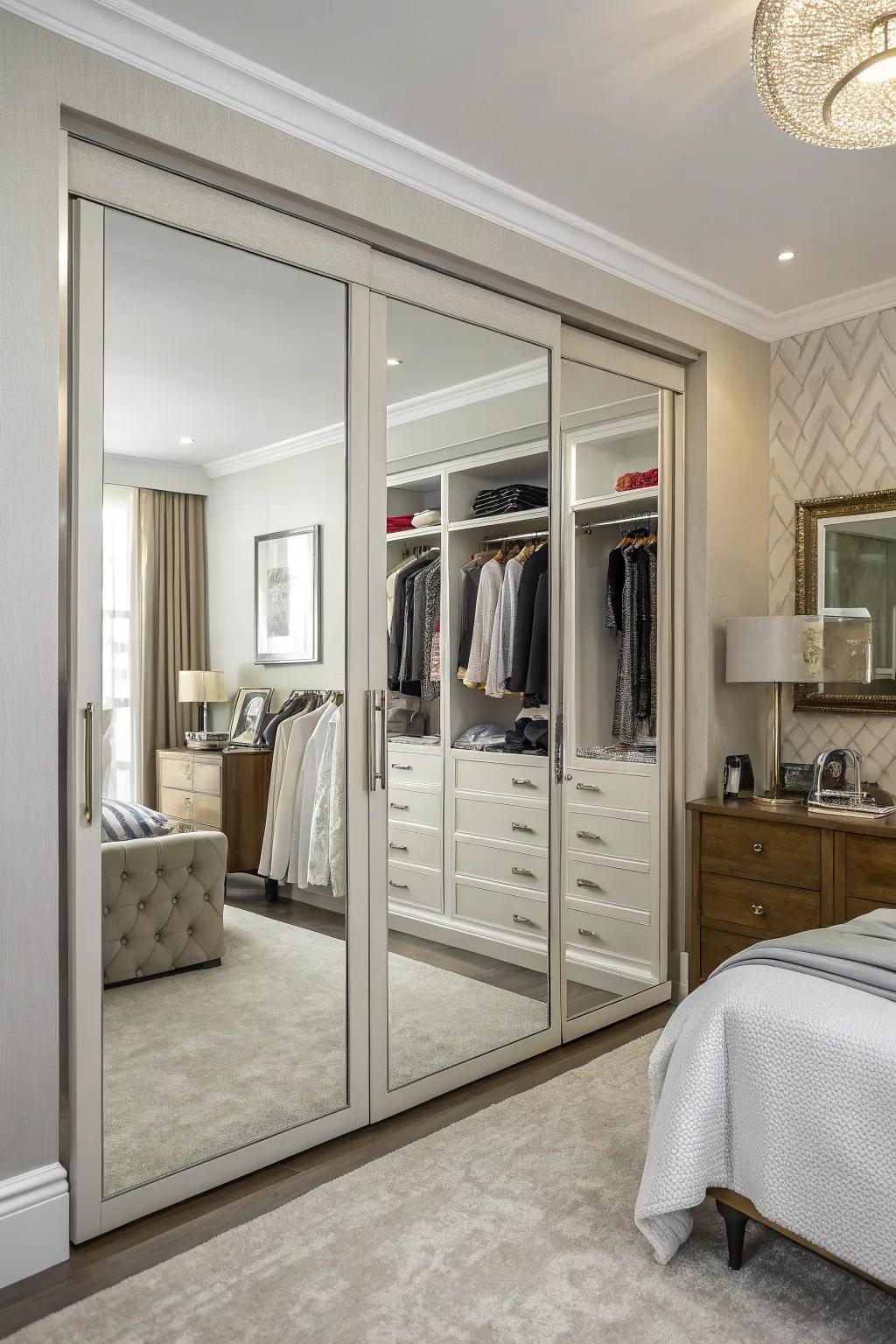 Mirrored doors on a wall closet make the space feel bigger.