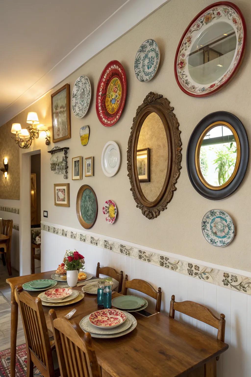 Mirrors and plates cultivate a sophisticated aesthetic.