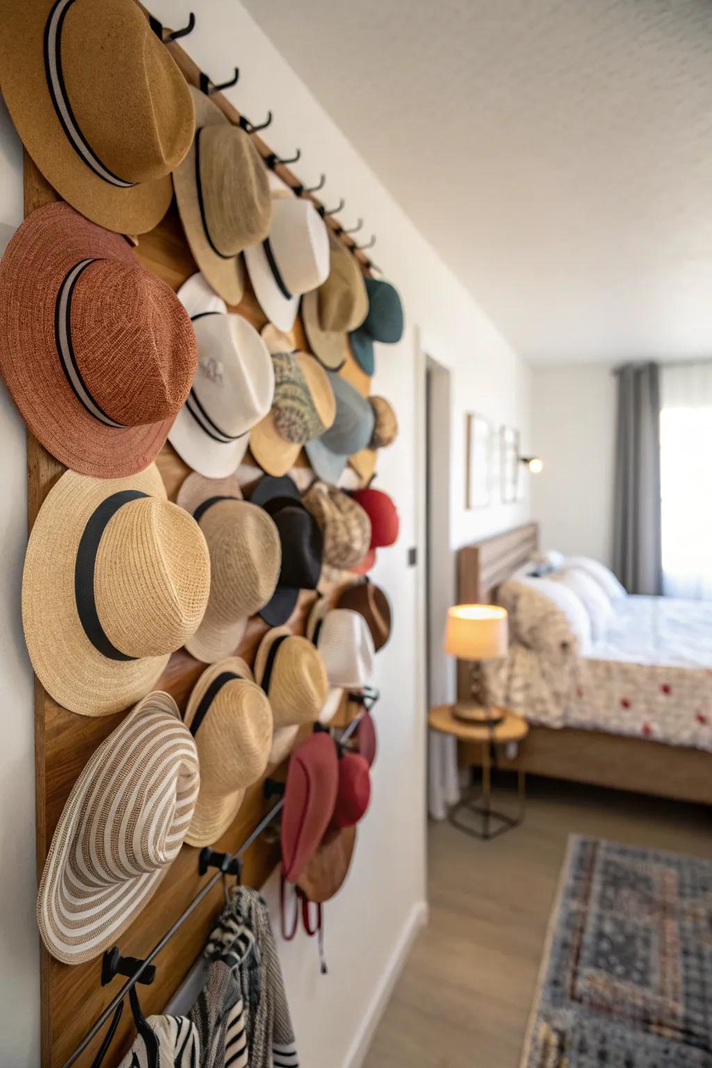 A wall-affixed rack for displaying an extensive hat collection