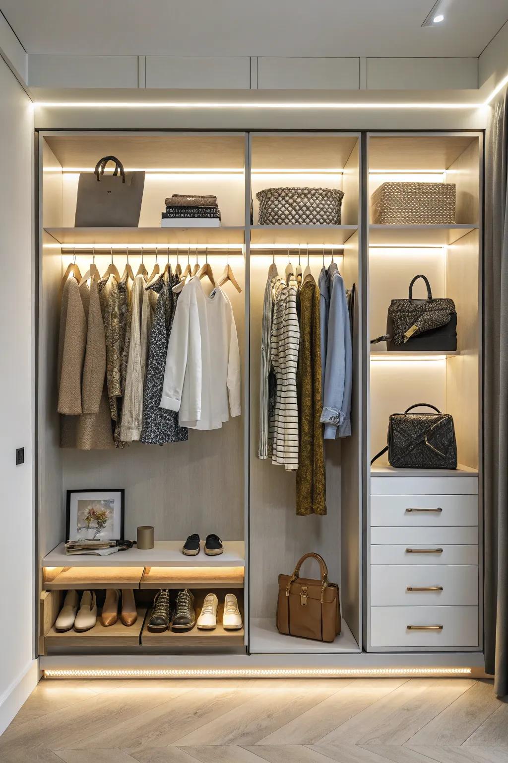 Integrated illumination amplifies closet functionality.