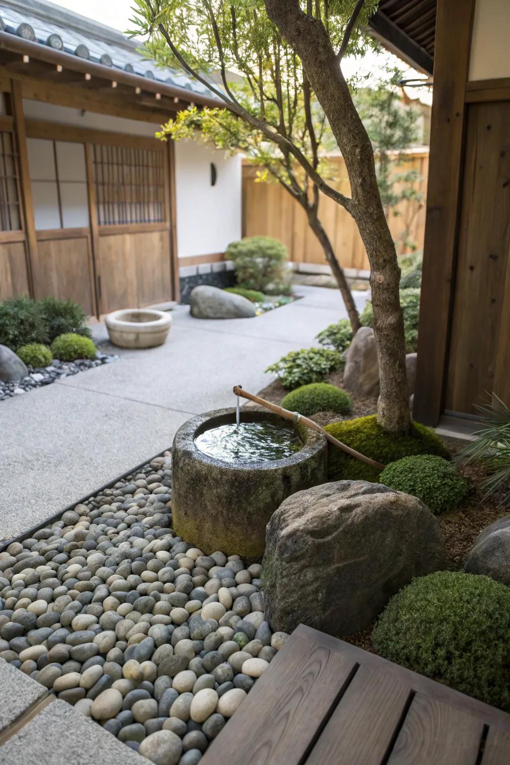 Japanese-inspired water elements bring a Zen-like ambiance to your garden.