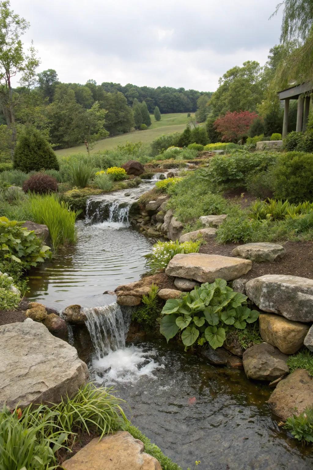 A brook cascade injects an organic flow into your garden.
