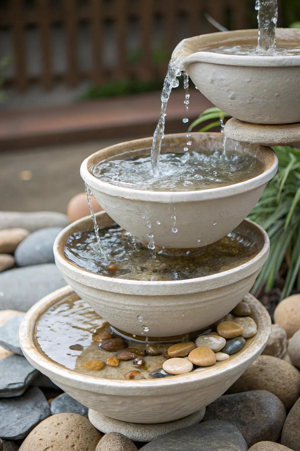 Multi-level bowls create a simple yet beautiful cascading waterfall.