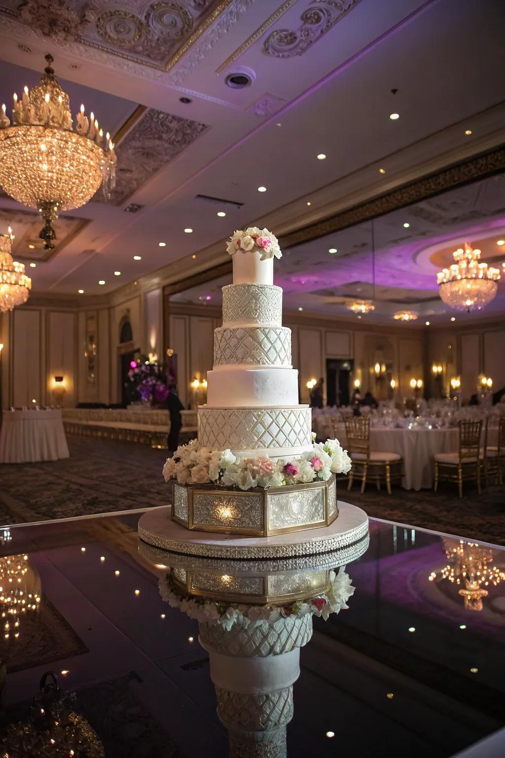 A wedding cake magnificently mirrored on a polished surface.