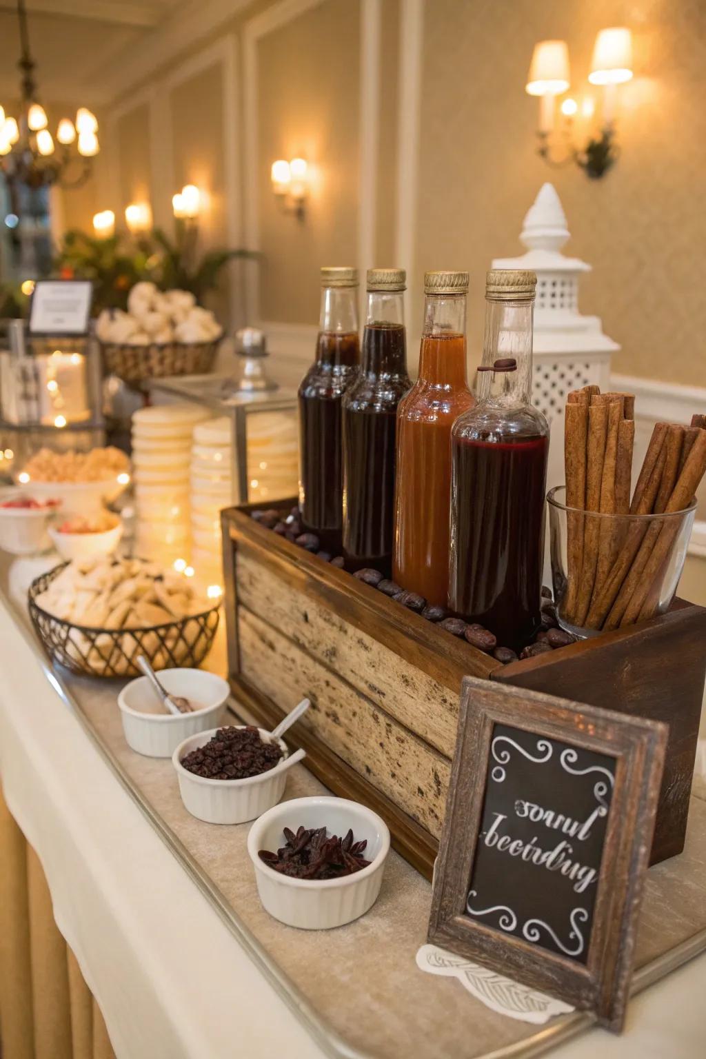 A bar with syrups and chocolate bits.