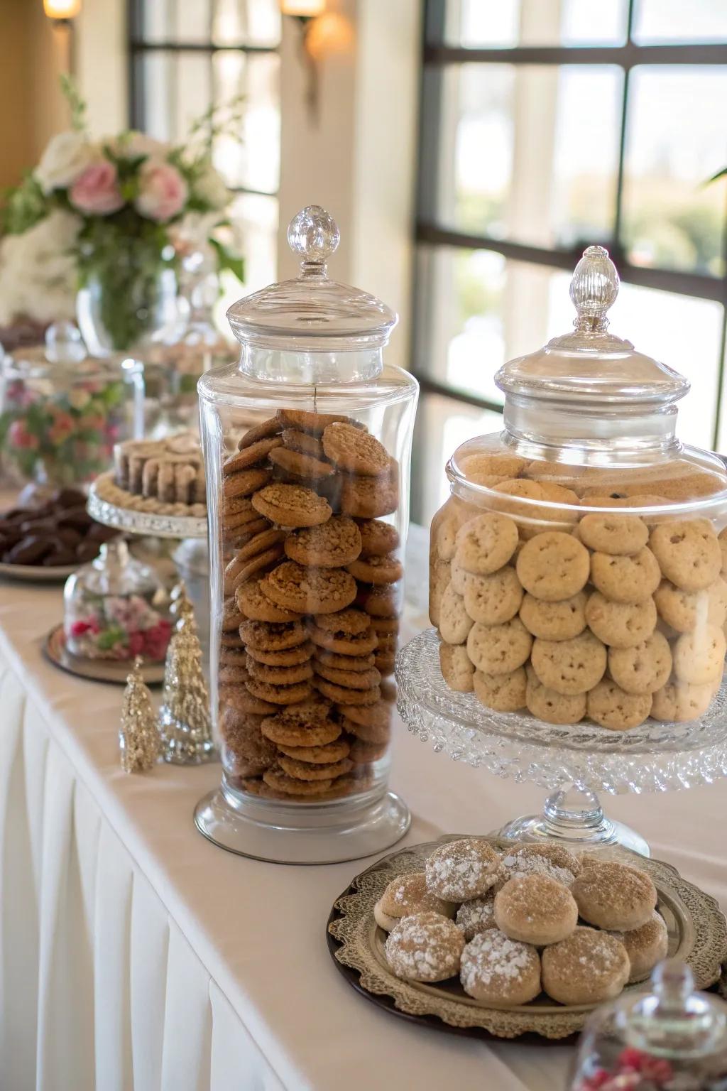 Crystal containers elegantly display cookies at a wedding.
