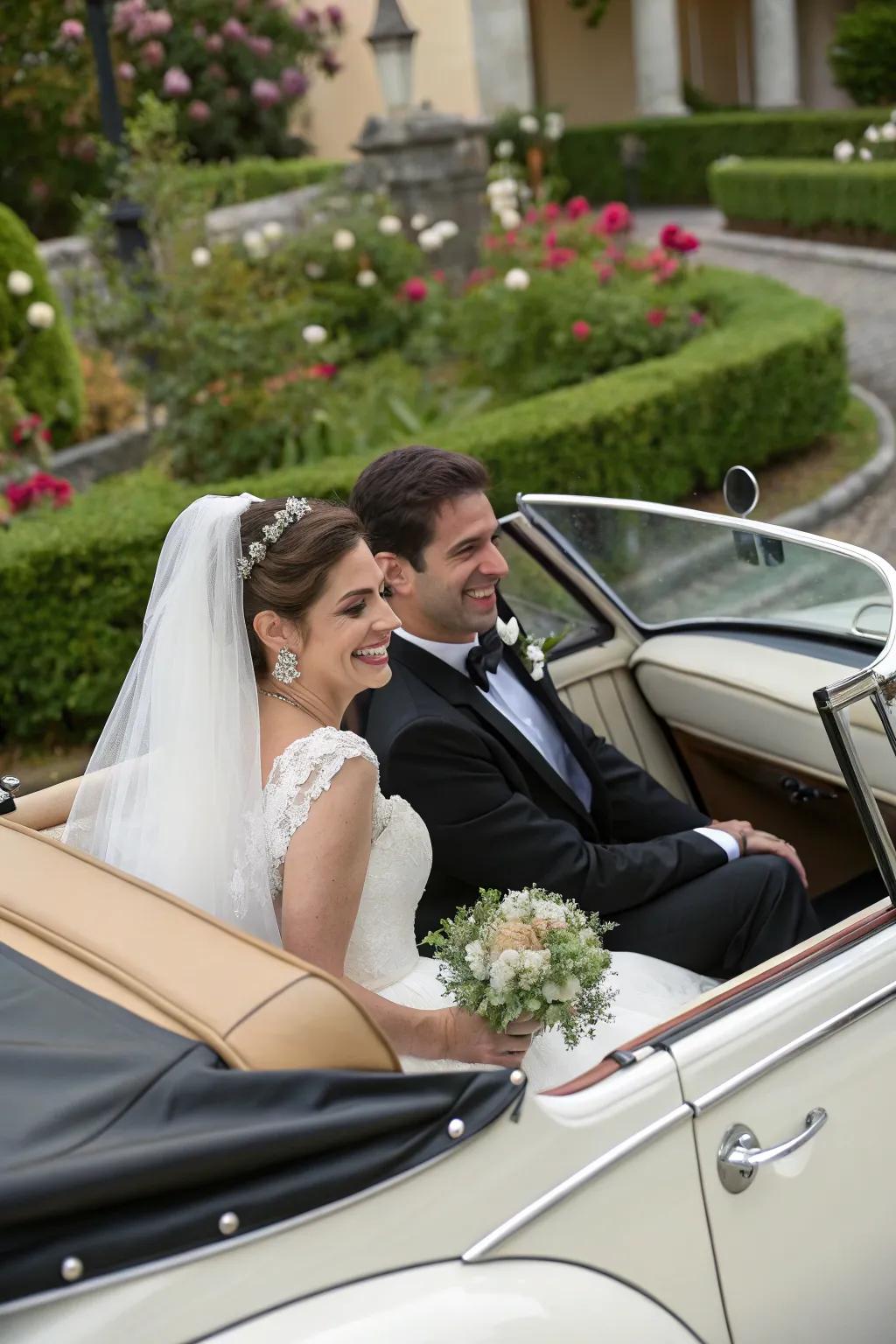 A couple arrives in a classic vintage car, adding a timeless touch to their entrance.