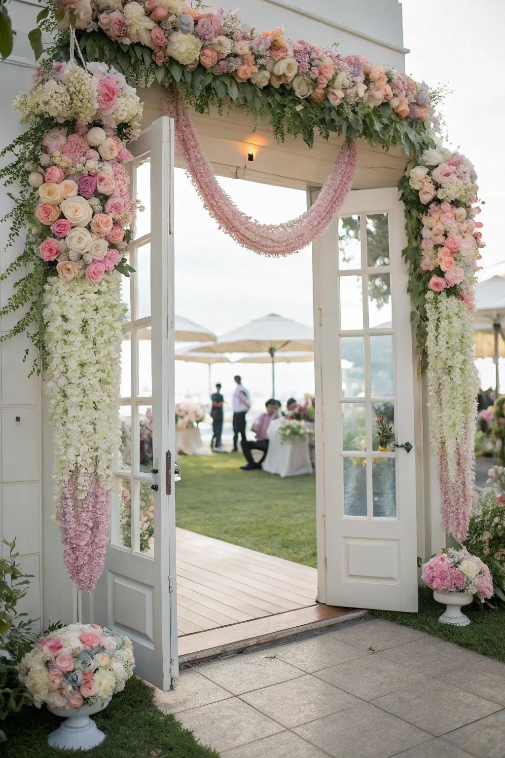 Unique blossom displays on doorways and hanging installations, creating a memorable wedding setting.