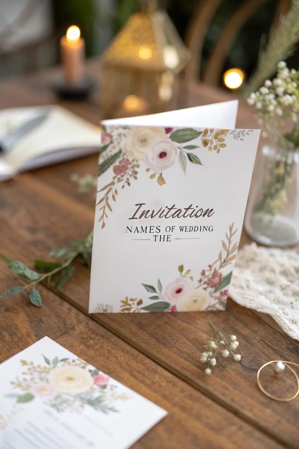 Personalized invitation with beautifully lettered names and wedding date.
